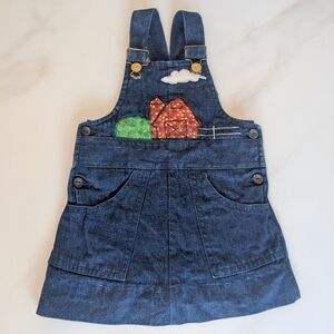 Vintage 80's Denim Overall Jumper Dress Farm Embroidered Patch School Girls 4T